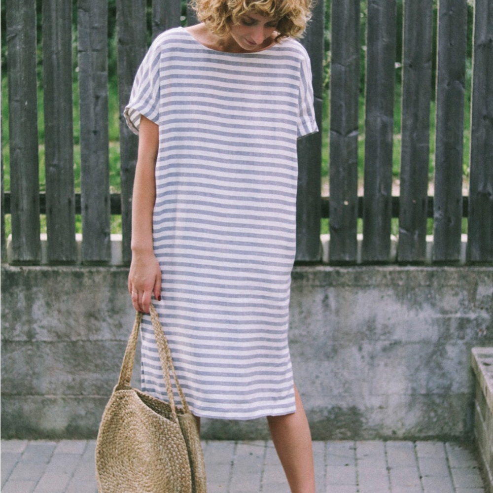 Offon Midi low back tunic dress, Dark Turquoise linen, VGUC